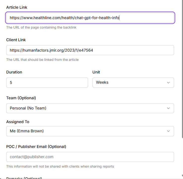Adding a backlink in Linkoxy with article link, client link, and duration fields