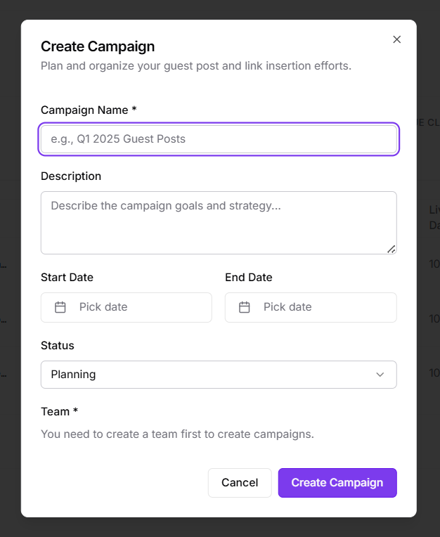 Campaign creation form for planning guest post and link insertion campaigns