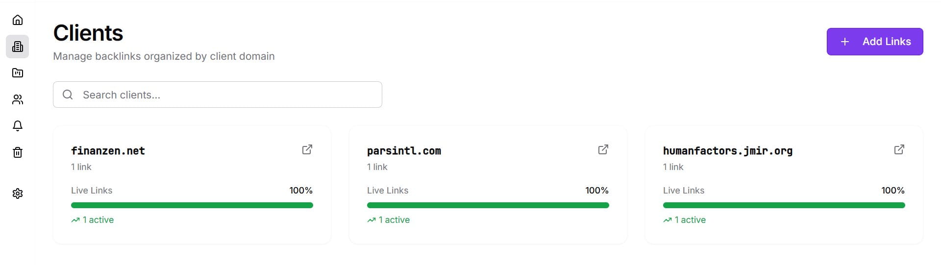 Client management page showing per-client backlink dashboards in Linkoxy