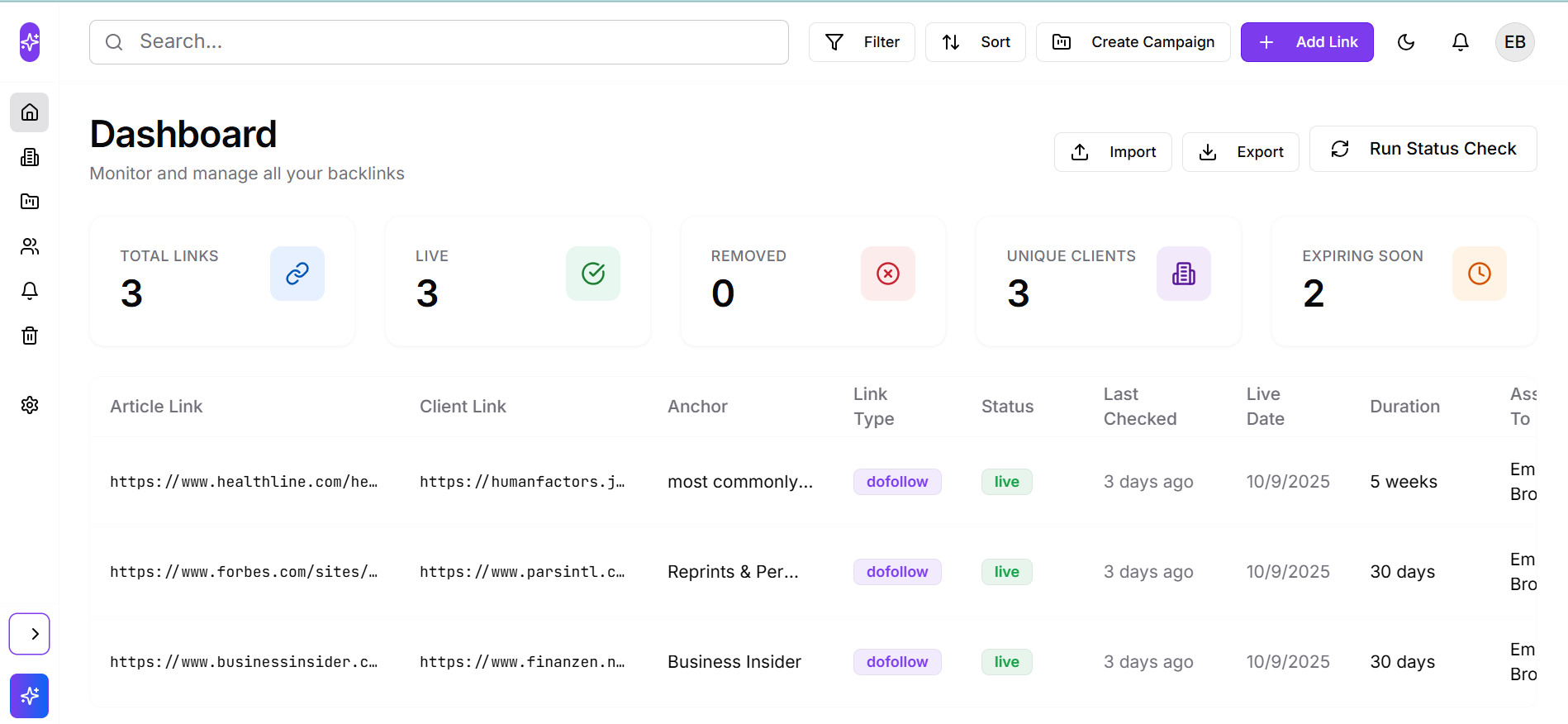 Linkoxy backlink monitoring dashboard
