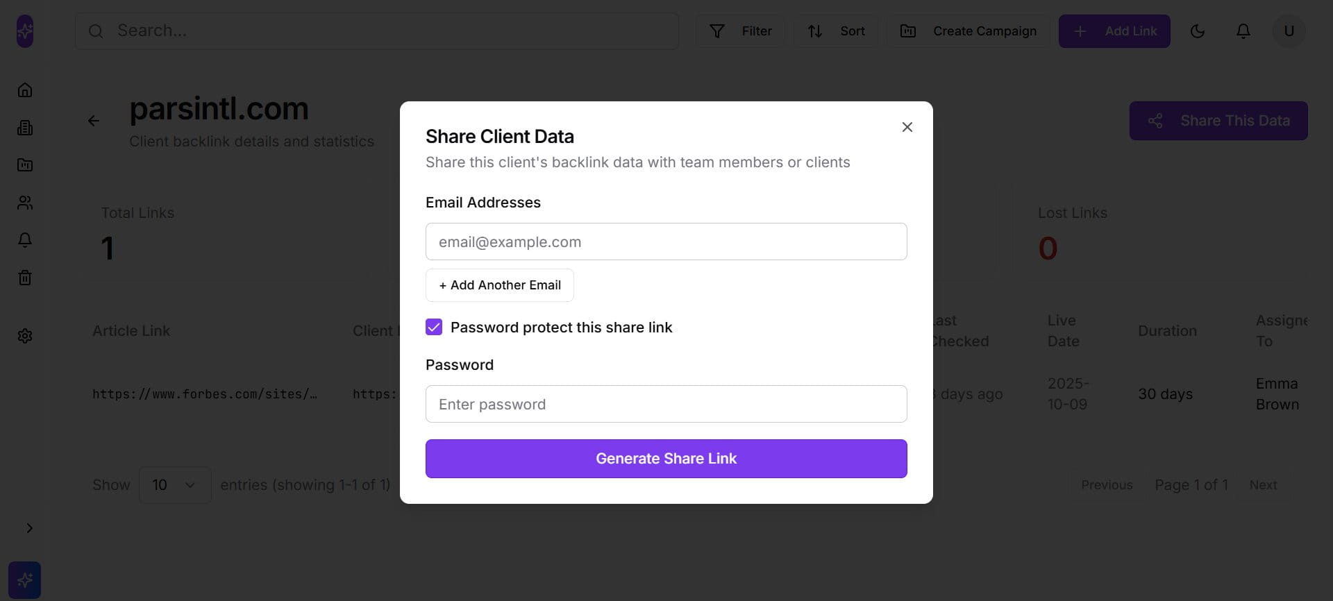 Linkoxy client reporting — sharing a password-protected backlink report