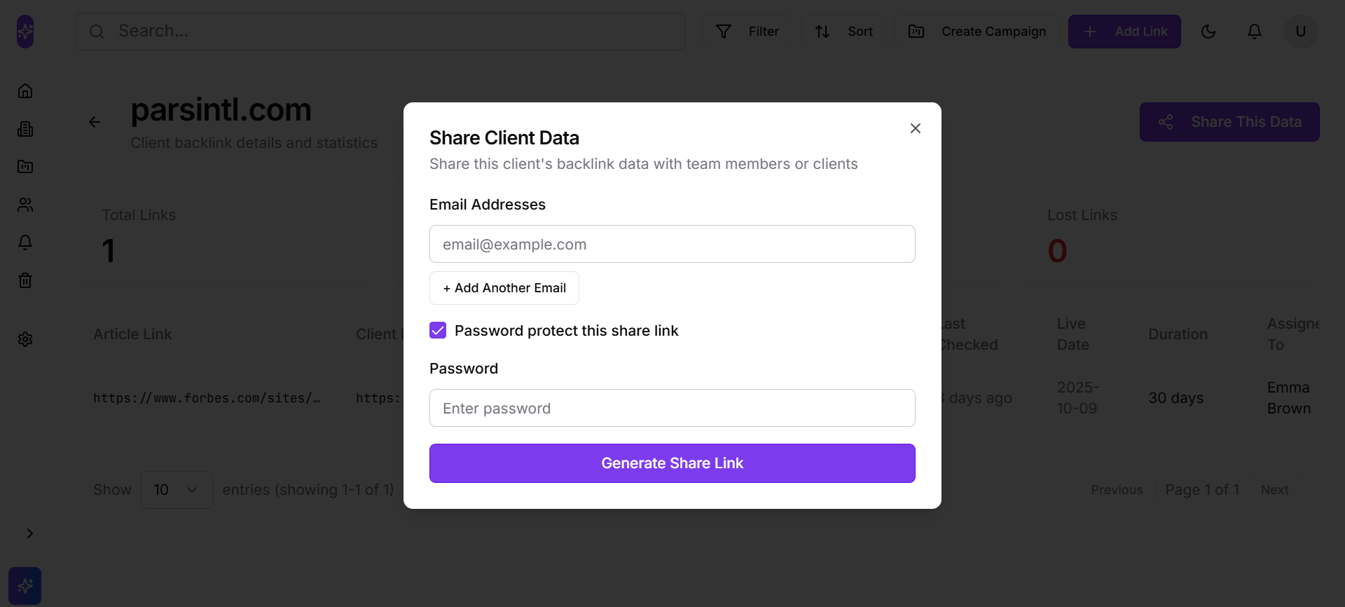 Share client report dialog with email and password protection settings