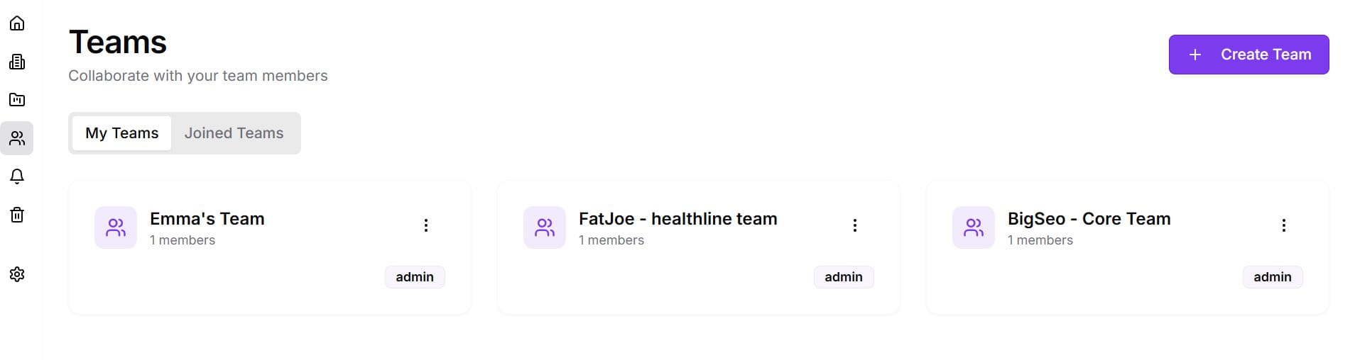 Team collaboration page showing multiple team workspaces